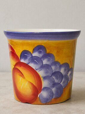 Vtg Tuscan-Style Hand Painted Ceramic Cachepot Planter Utensil Crock Grapes 5.5"